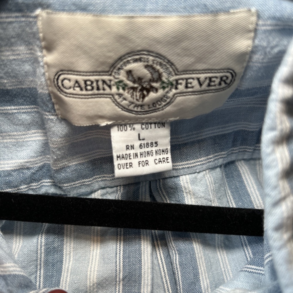 Men's Large Cabin Fever 100% Cotton Button Down Shirt Blue‎ Vertical Stripes - Picture 7 of 9